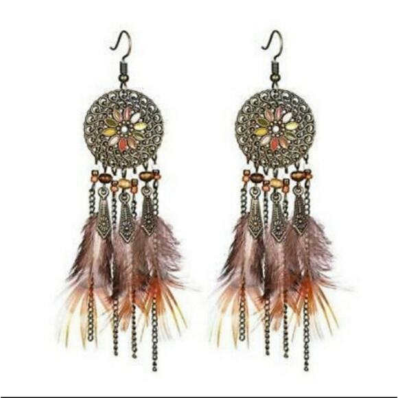 Medallion dreamcatcher boho beaded feather earrings - Picture 2 of 4